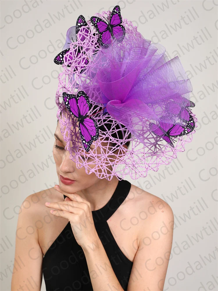 Fashion Butterfly Fascinators For Women Hat Elegant Wedding Headwear Ladies Race Party Big Pillbox Cap Derby Bride Headpiece