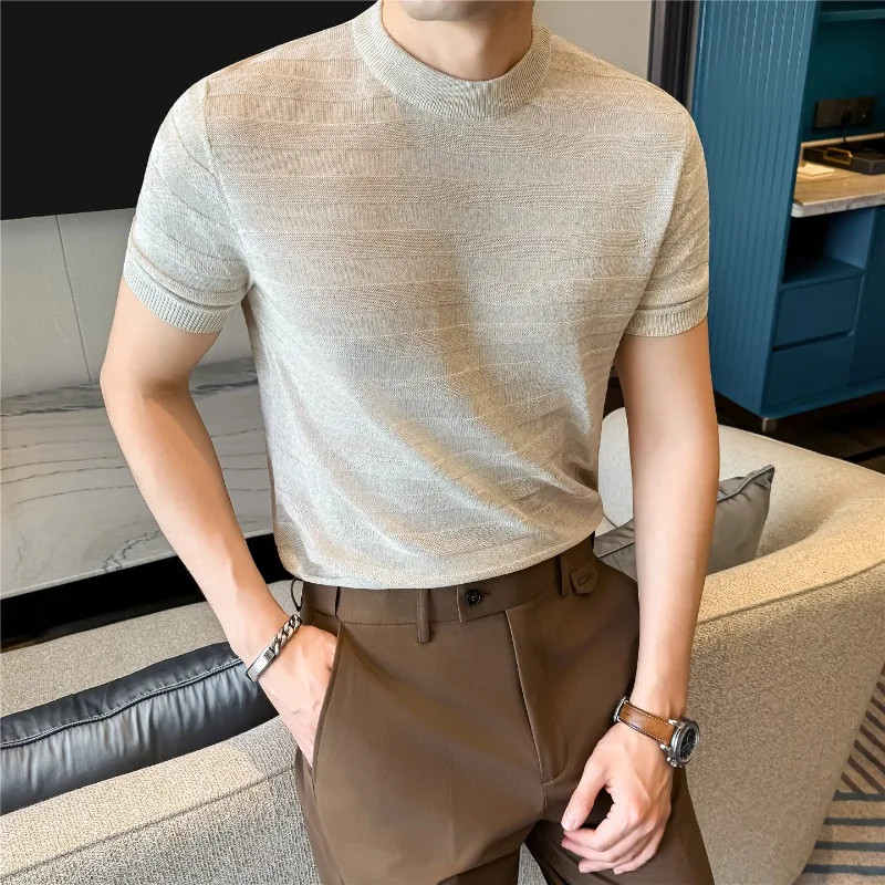 Men Short Sleeved T-shirt High Elasticity 2026 Summer New Light Thin Linen Solid Casual Round Neck T-shirt Fashion Men Clothing