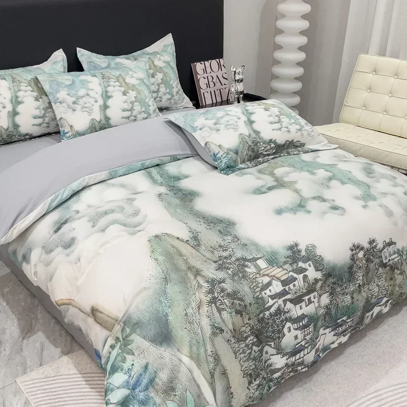 

New Chinese Luxury Classical Digital Printed Bedding Set With Landscape Peacock Floral Pattern Duvet Cover Bed Sheet Pillowcases