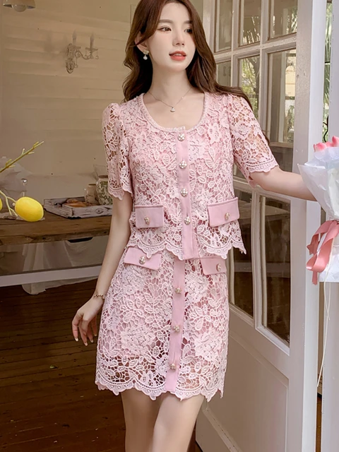 Conjunto de falda de encaje rosa para mujer Blusa de manga corta informal 2 piezas Vintage para fiesta novedad de verano AliExpress