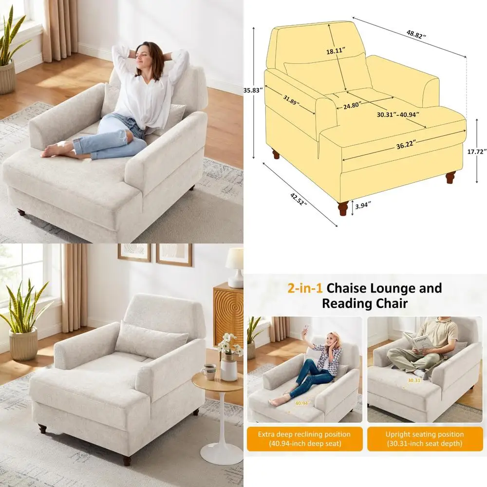 indoor adjustable backrest chaise lounge chair, oversized upholstered accent chair for living room and bedroom, mid-century styl