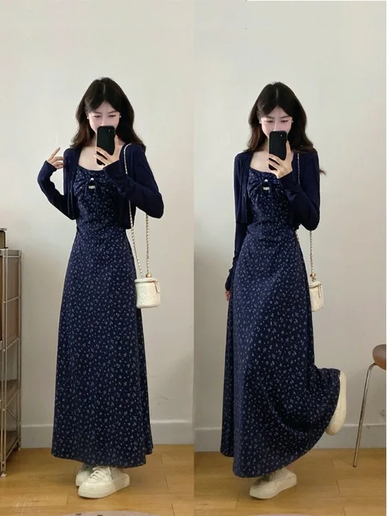 

Elegant plus Size Floral Print Two-Piece Set Women's Summer Korean Style Belted Strap Dress Cardigan Casual Fashion Ensemble