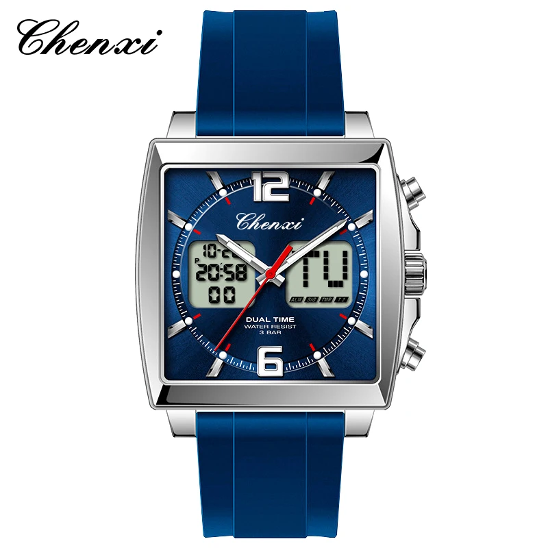 

CHENXI 204 New Men Watch Square Silicone Strap Dual Display Digital Multifunctional Dual Calendar Night Light Watches for Man