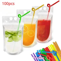 100Pcs Plastic Liquid Bag with Straw Kitchen Vertical Seal Pouches 350ml/500ml/1000ml Disposable Beverage Bag for Party Drinks