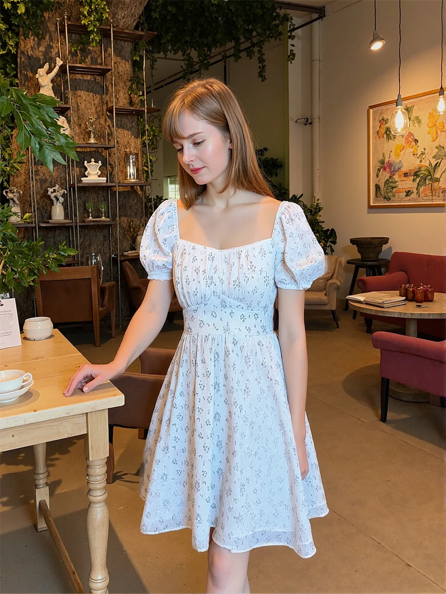 فستان نسائي أبيض أنيق أنيق فضفاض مناسب صغير زهري بدون ظهر سبليت سفلي طراز عتيق دانتيل بوهو بأكمام منتفخة صيفية #1