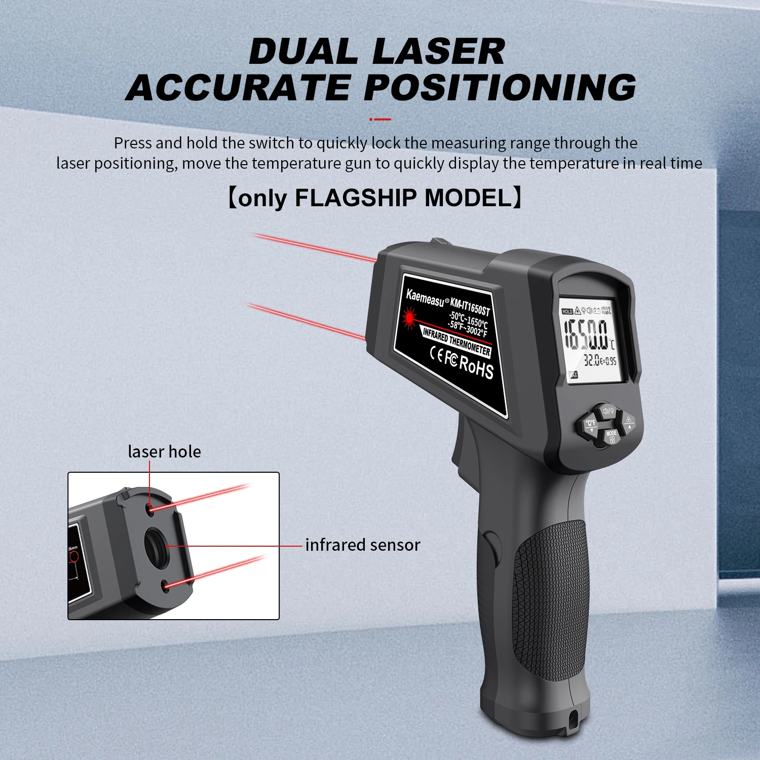Kaemeasu Digital Infrared Thermometer Multi-functional high and low temperature alarm For Industrial Non-Contact Thermometer Gun