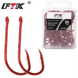 FTK 50-100pcs High Carbon Steel Baitholder Fishing Hooks Red 4/0#-10# Beak Barbed Long Shank Jig Worm Hooks Accessories