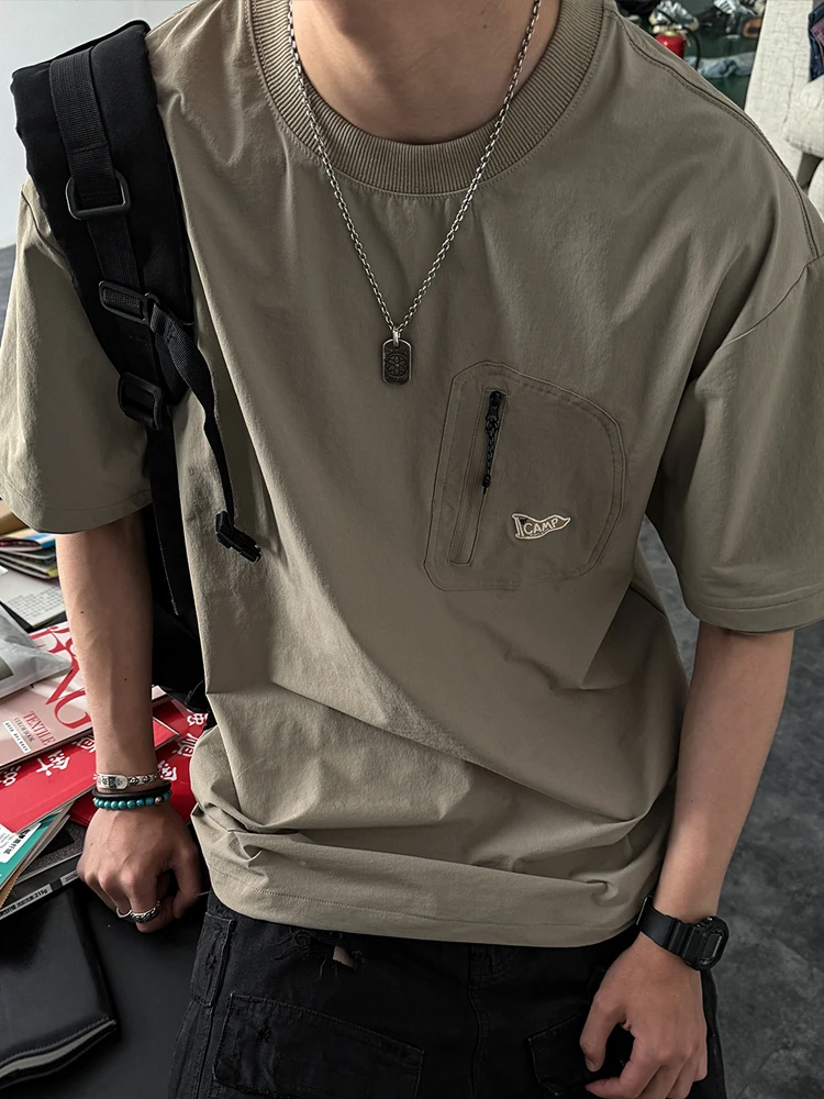 Men Outdoor Quick Dry Stretch T-Shirt Summer Breathable Oversized Couple Plus Size Round Neck Embroidery Trendy Tee Korean Tops