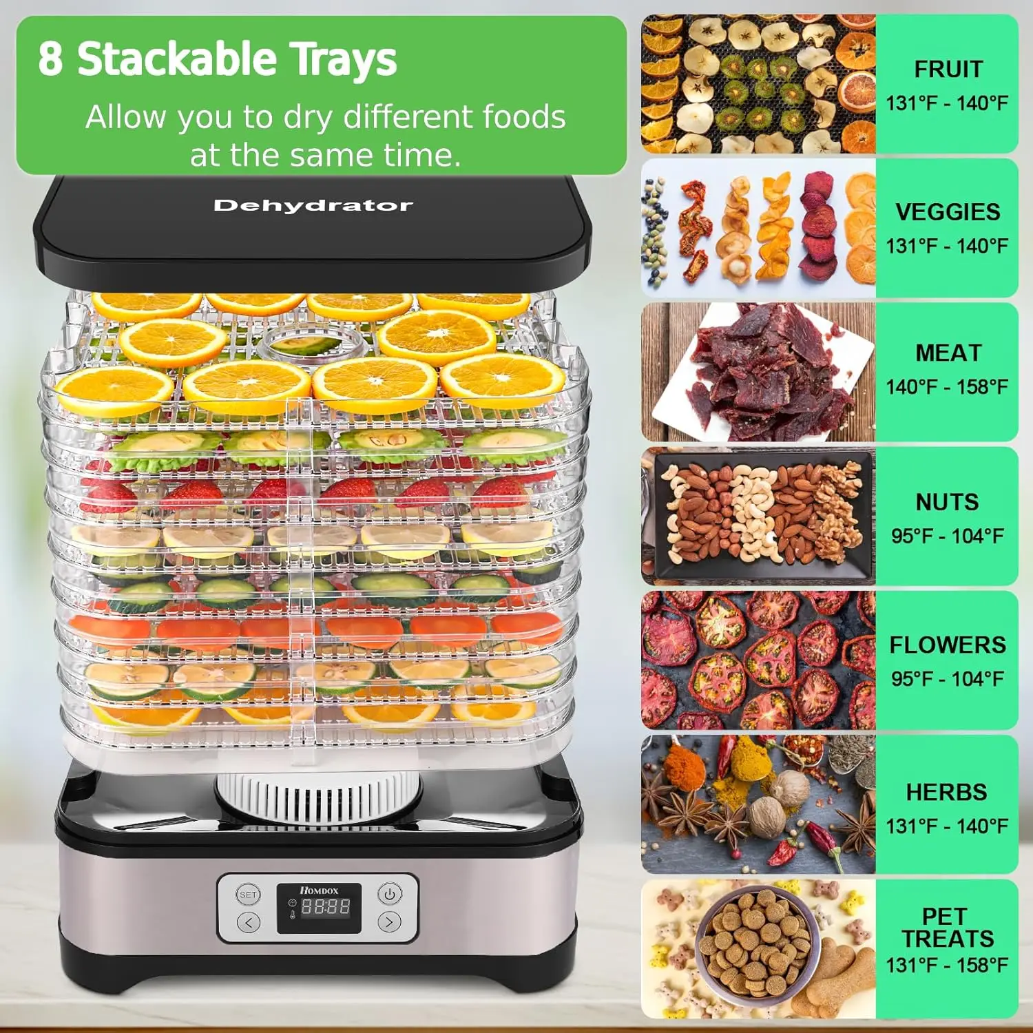 Food Dehydrator, 8 BPA-Free Trays Dehydrator for Food and Jerky with 72H Timer and Temperature Control, 400W Dehydrator f