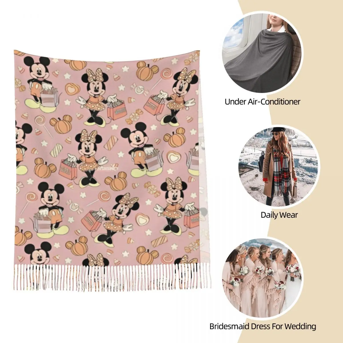 Cartoon Minnie Mickey Mouse Scarf for Womens Warm Winter Shawl Wrap Long Shawl Scarf Lightweight