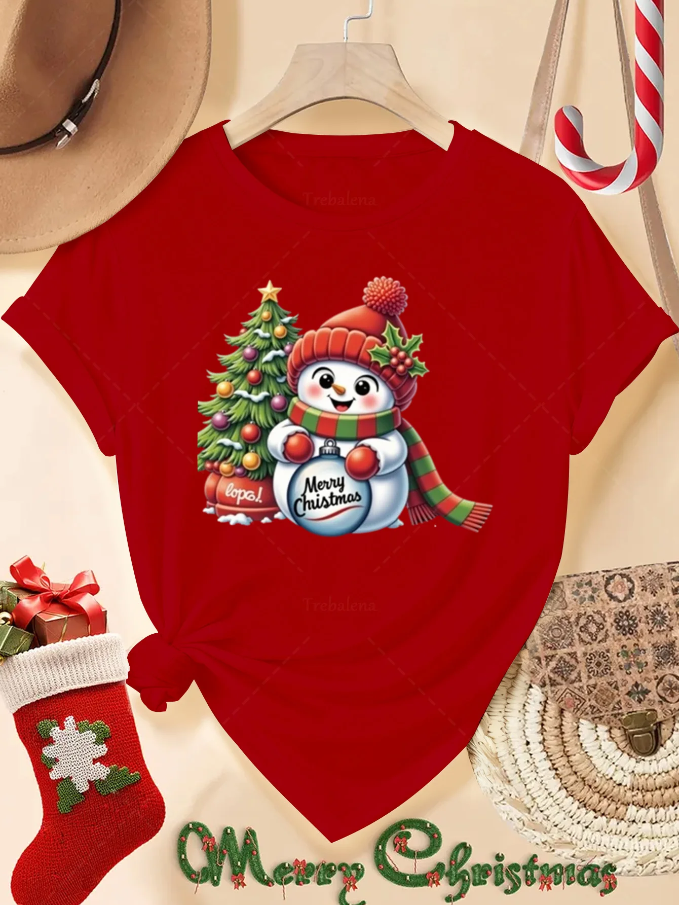 T-Shirt de noël rouge mignon bonhomme de neige imprimé à manches courtes col rond haut décontracté noël Thanksgiving Halloween femmes vêtements