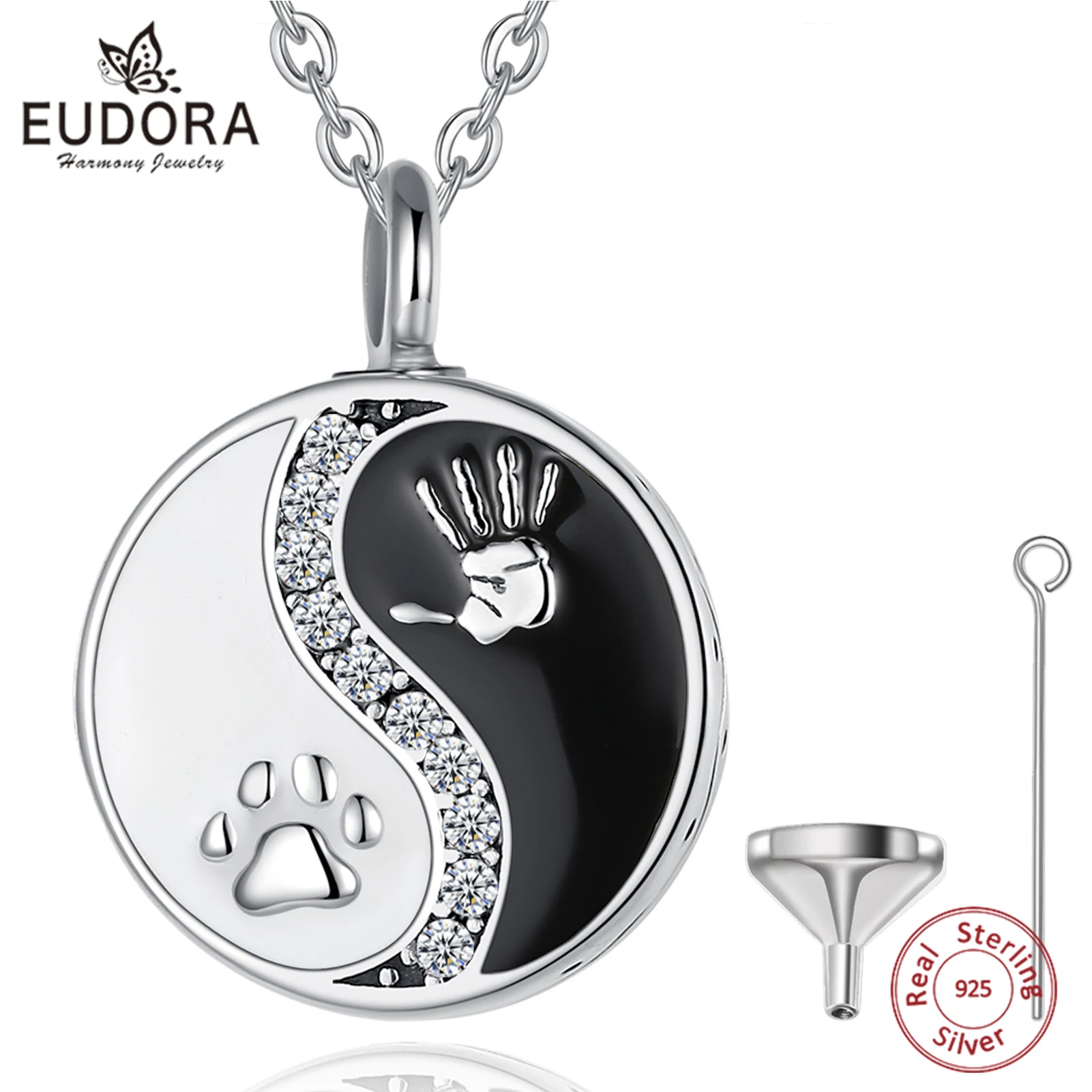 Eudora 925 Sterling Silver Yin Yang Ashes Urn Necklace Pet Paw Print Handprint Cremation Pendant Memorial Jewelry Women Gift