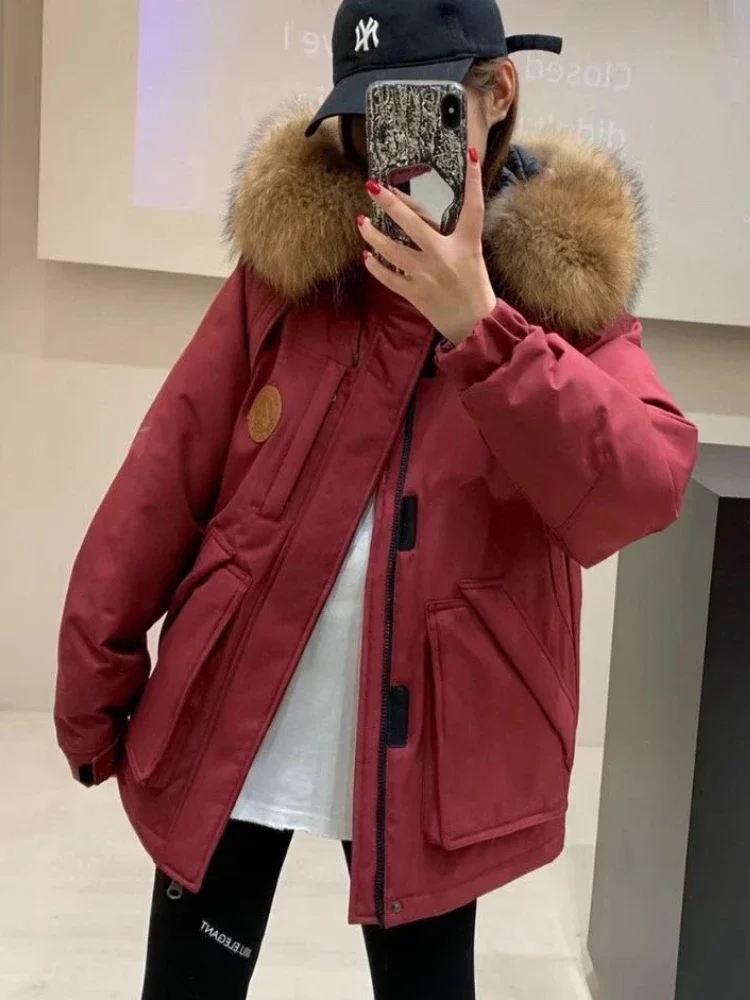 Super Large Fur Collar Thicken Down Jacket Winter Hooded Loose Fashion Commuter Tooling Pike Short White Duck Puffer Coat Women