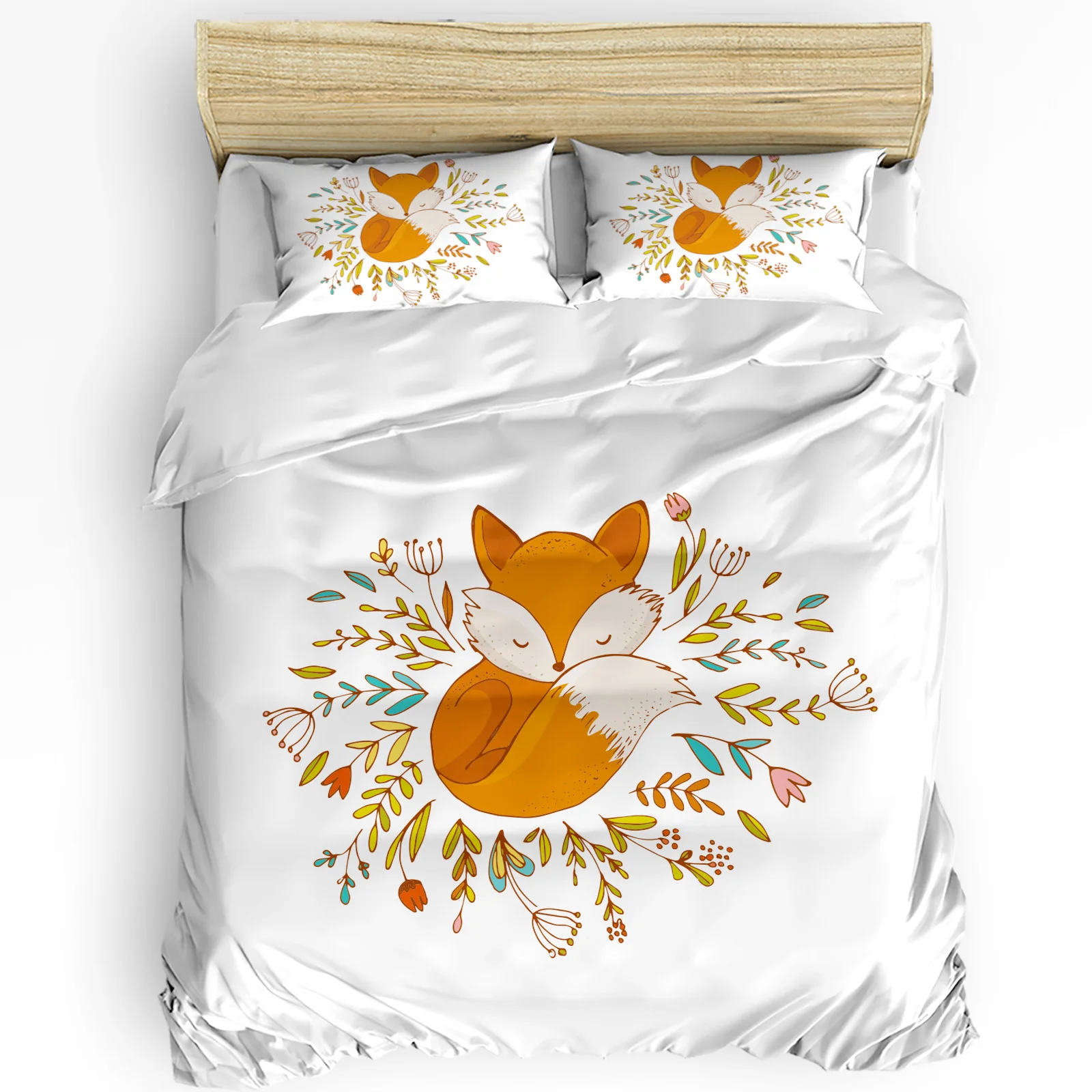 

Cartoon Animal Cute Fox Flower White Bedding Set 3pcs Duvet Cover Pillowcase Kids Adult Quilt Cover Double Bed Set Home Textile