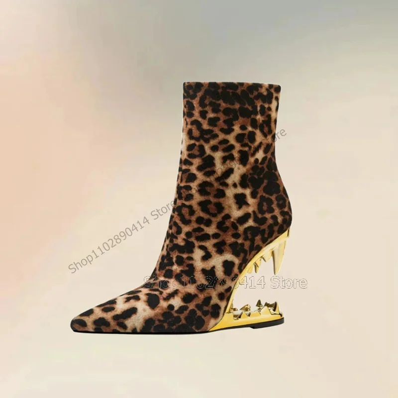 Leopard Print Strange Style Heels Boots Side Zipper Women Shoes Pointed Toe Fashion Party Feast Banquet 2024 Zapatos Para Mujere