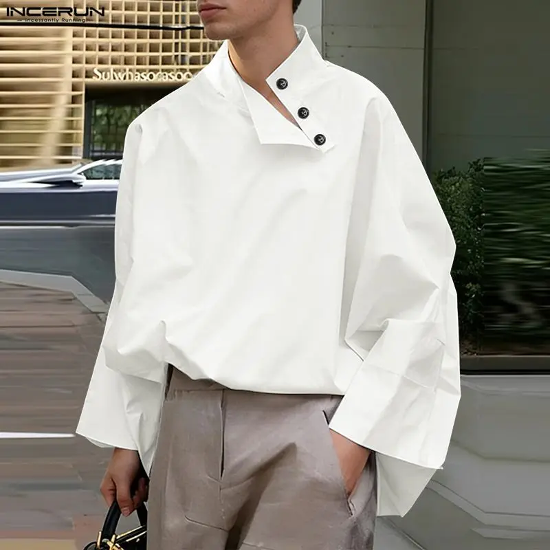 

INCERUN Men Shirt Solid Color Stand Collar Long Sleeve Loose Men Clothing Streetwear 2026 Oversize Fashion Casual Tops Camisas