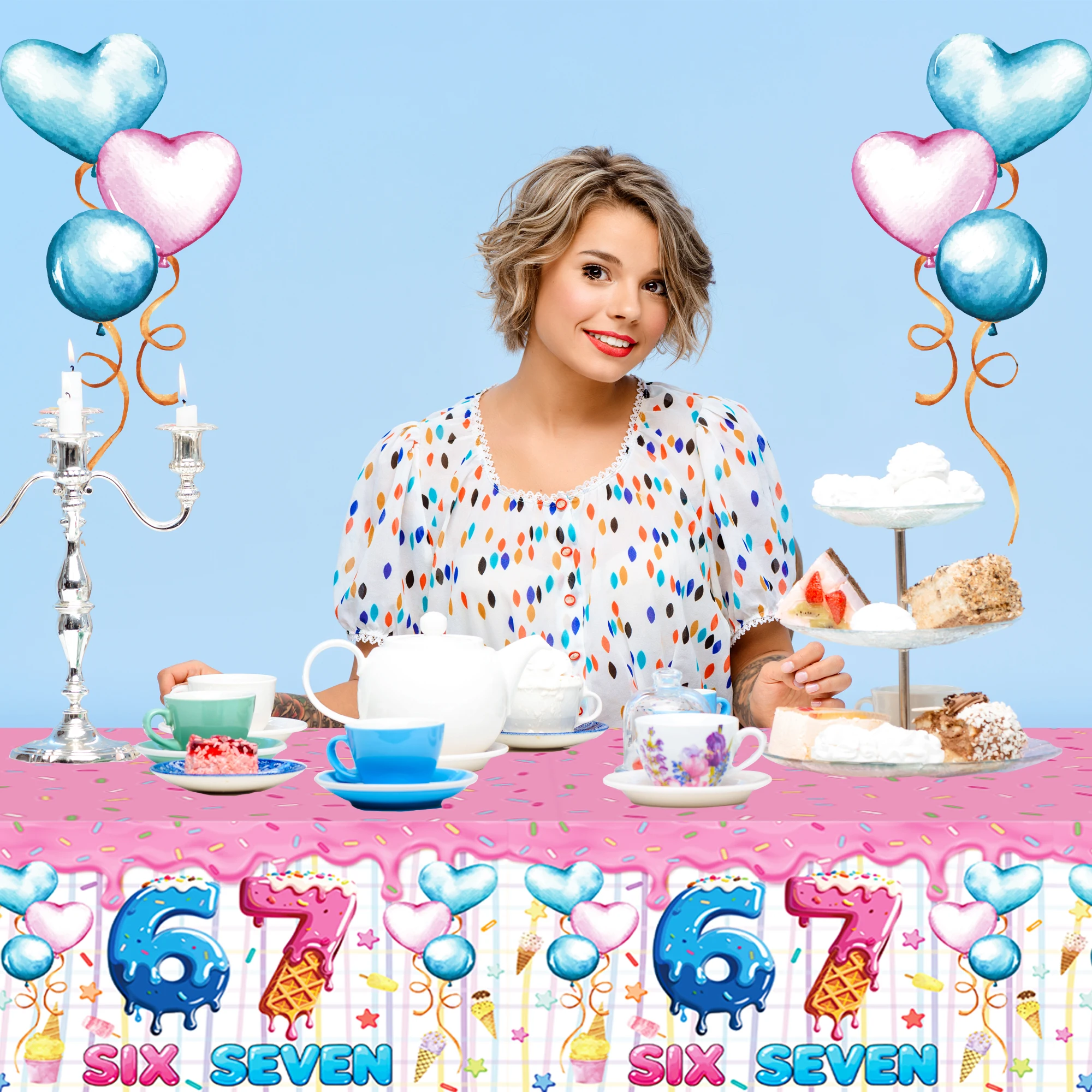 130*220cm Ice Cream Dessert Disposable Tablecloth, Six Seven Birthday Decor Camping Mat Table Cover Celebration Party Supplies