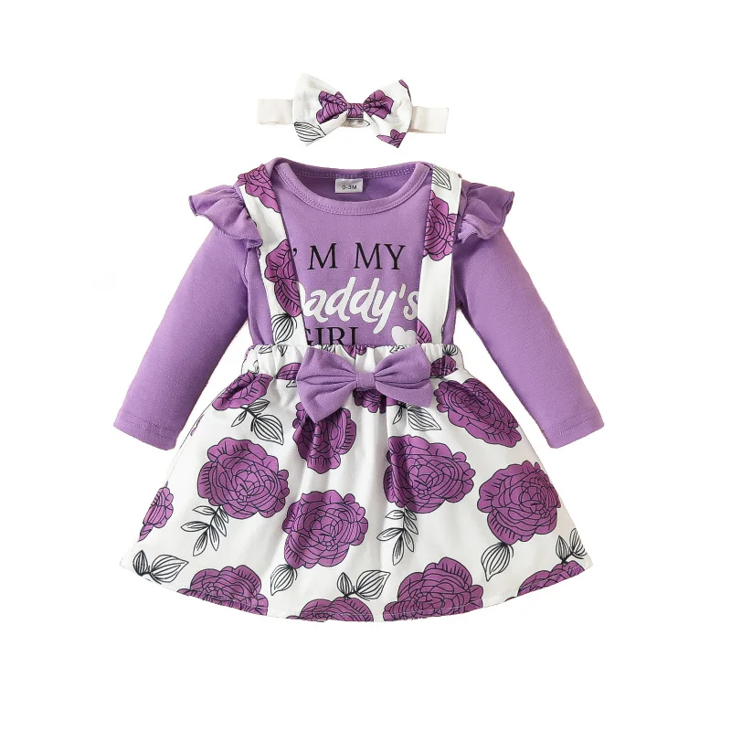 Neugeborenen kinder Kleidung Sets 3Pcs Mädchen Anzug Lange ärmeln Baby Kinder Strampler Top + Blume Schmetterling Strap Rock + Stirnband Outfits