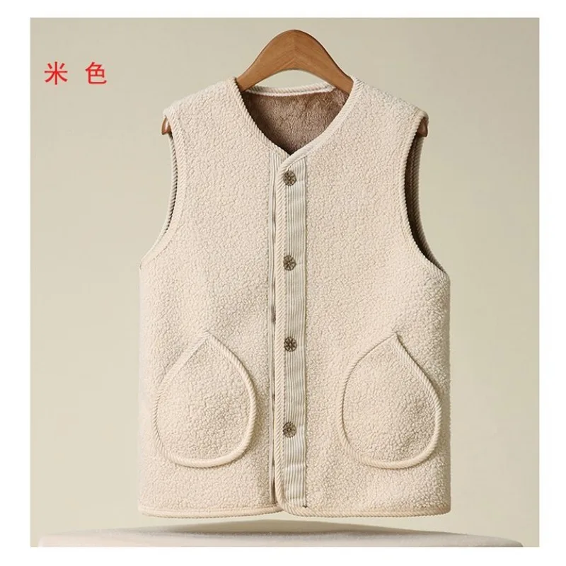

Lamb Wool Vest for Women Autumn Winter Plus Velvet Thickened Vest V-neck Solid Color Grain Velvet Warm Waistcoat for Women
