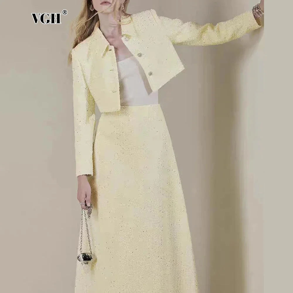 

VGH Long Skirts Set for Women Lapel Long Sleeve Short Coats High Waist A Line Skirt Elegant Slimming Suits Female Fashion New