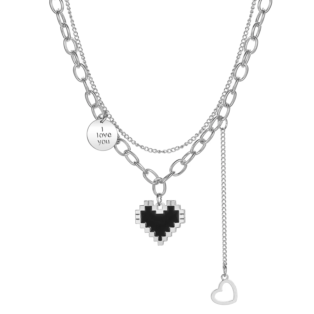 IFMYA Black Mosaic Love Pendant Necklaces Suitable For Women Multi Layer Silver Color Chain Necklaces Punk Gothic Jewelry Gift