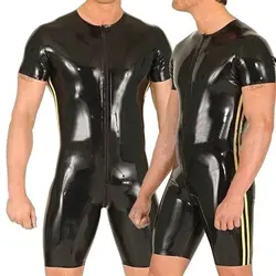 High Quality Rubber Catsuits with Front Zip Sexy Hot Latex Garments Side Strips for Men Women