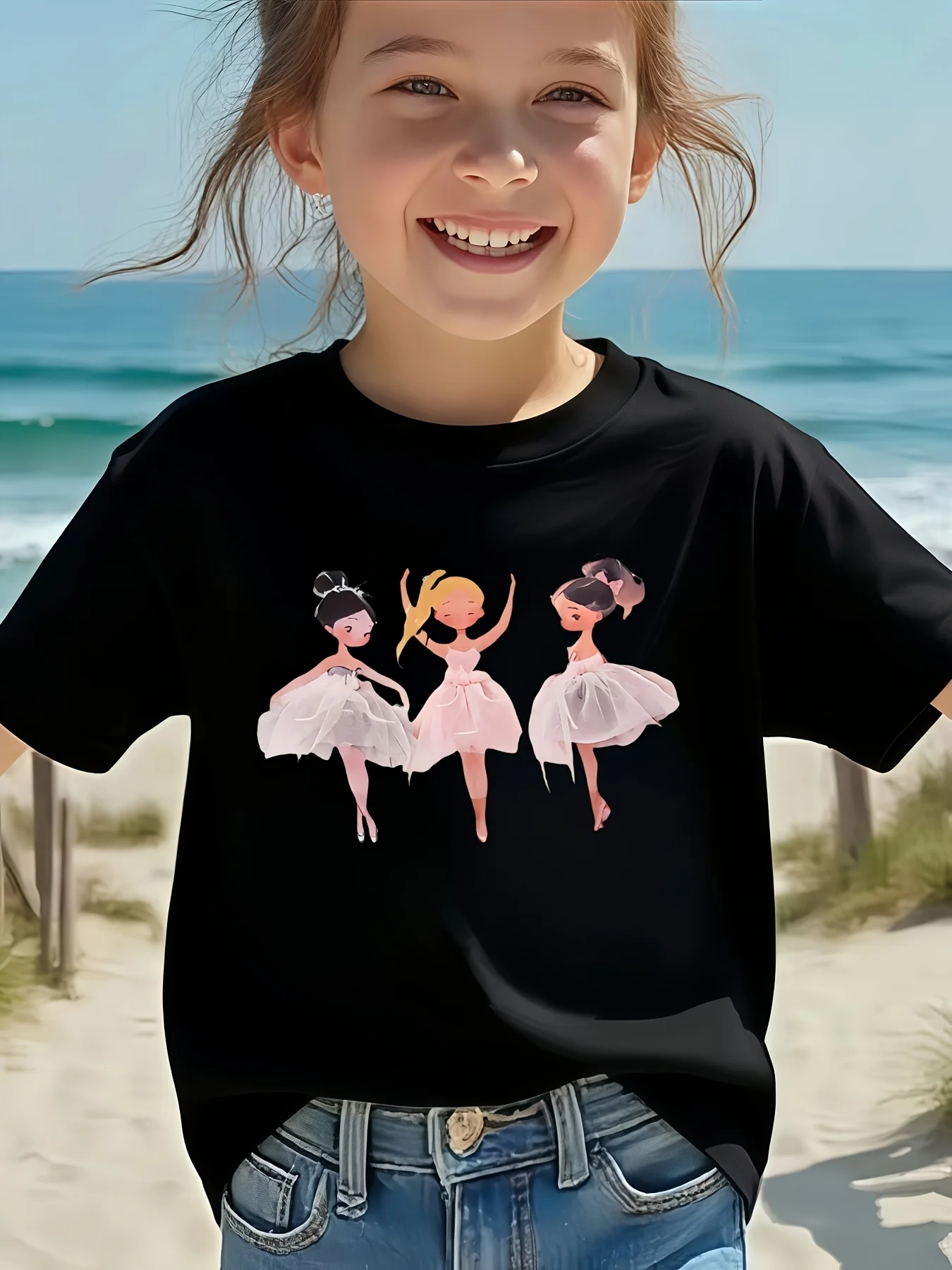 Three Cute Ballerina Girls Print T Shirt Boys Girls Ballet Dance Short Sleeve Tee Family Matching Kids Casual Cotton Tops