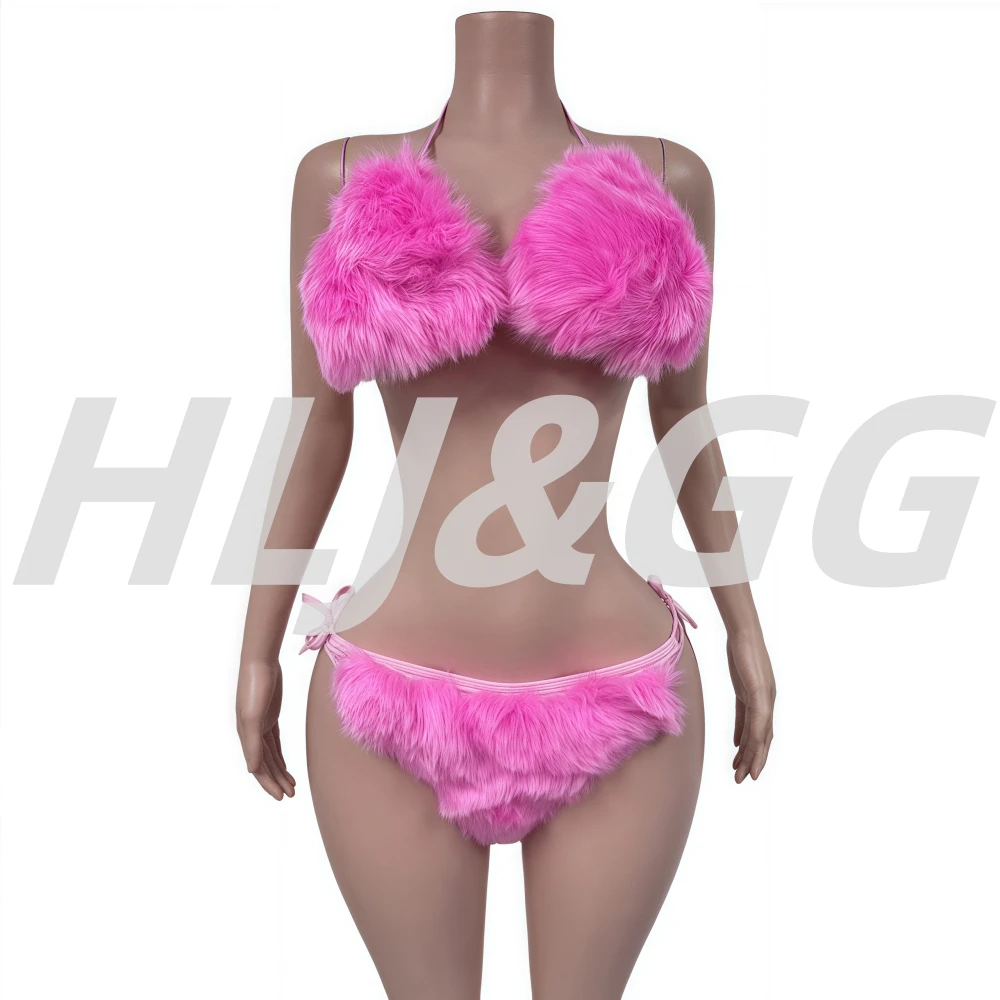 HLJ Sexy Fur Patchwork Two Piece Swimsuits Women Spaghetti Strap Bra Underwear Split Triangle Sexy Bikini Set Female Beachwear