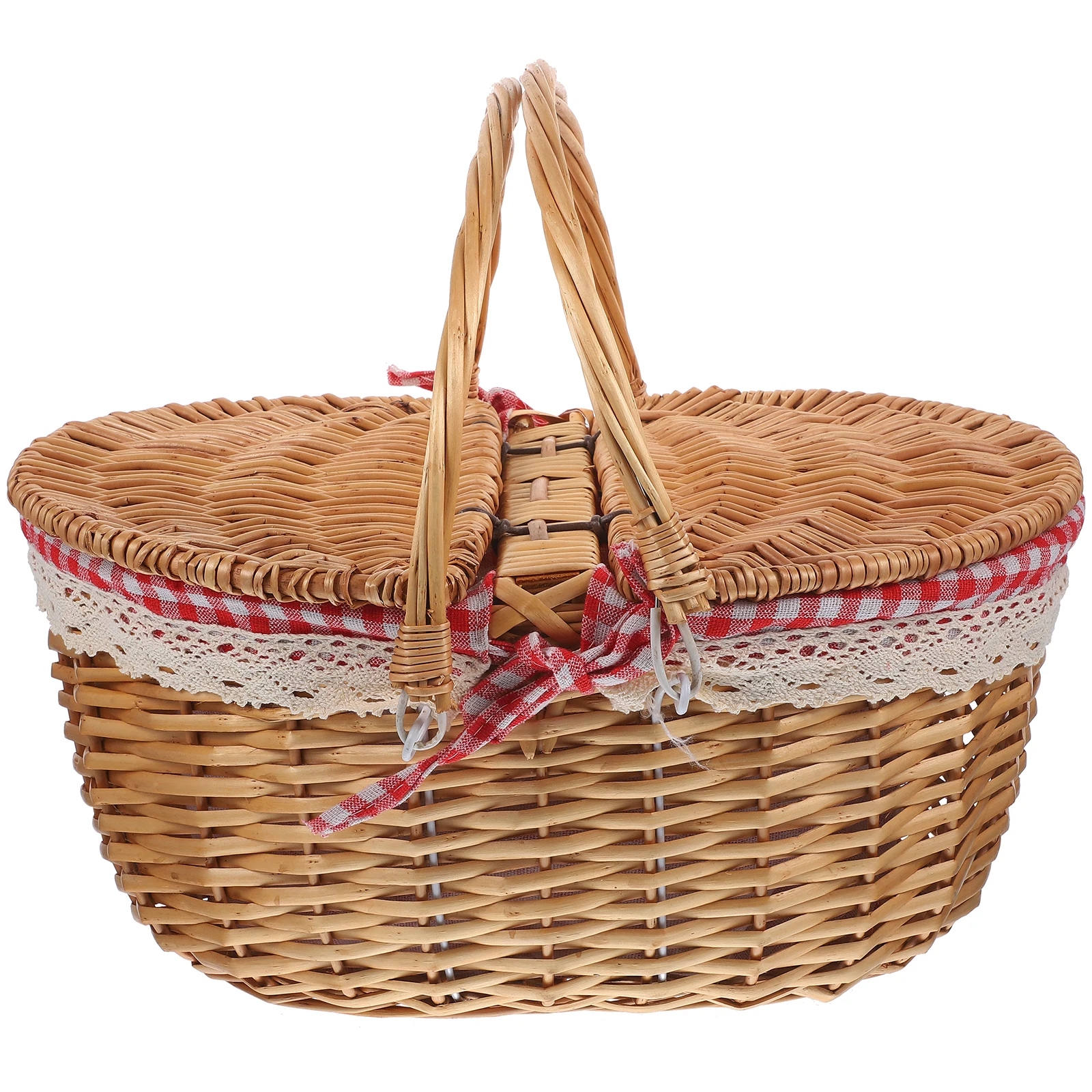 

Wicker Picnic Basket with Lid Red Checkered Long35cm Wide25cm High17cm Portable Storage Baskets for Home Decor Picnic Camping
