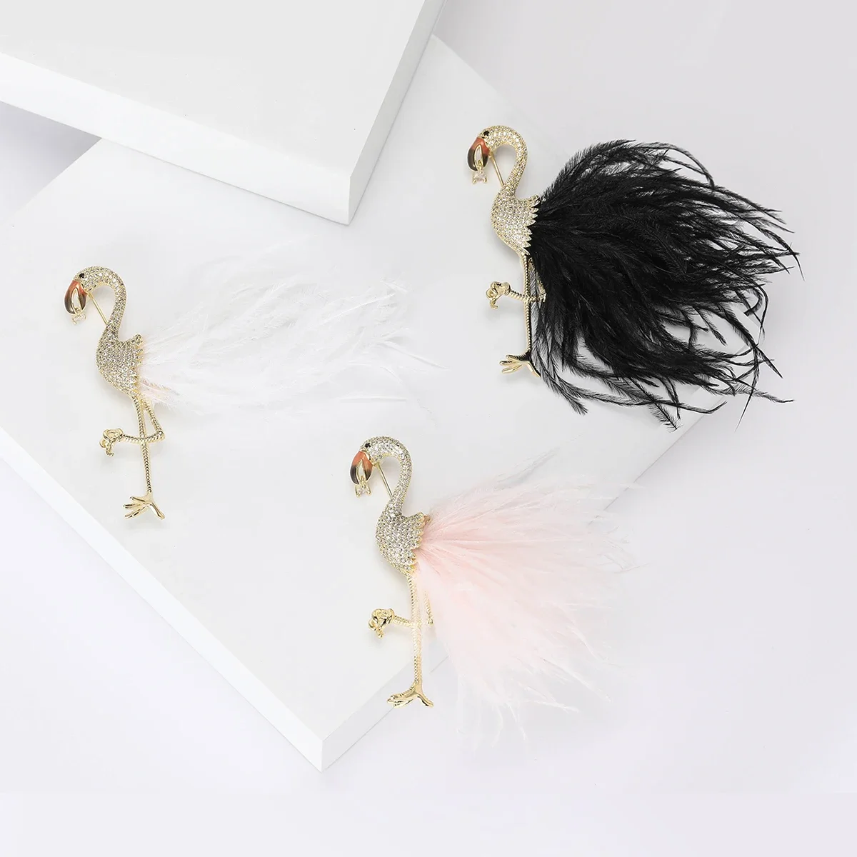 14K Gold Plated Bird Brooches for Women 3-color Feather Flamingo Hand Inlaid With Zircon New Year Brooch Pin Friends Gifts