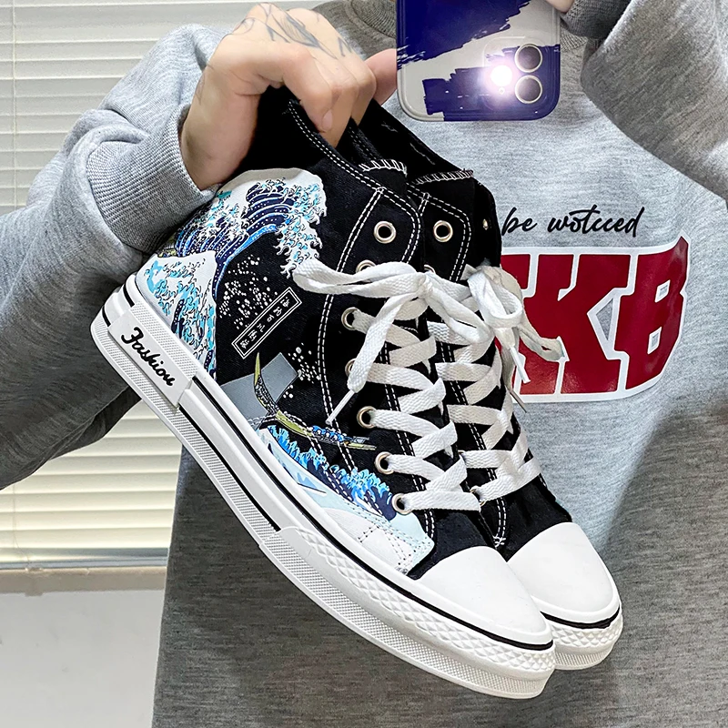 HKDQ New Autumn High Top Men\'s Canvas Shoes Fashion Print White Men Vulcanization Shoes Non-slip Male Casual Skateboard Sneakers