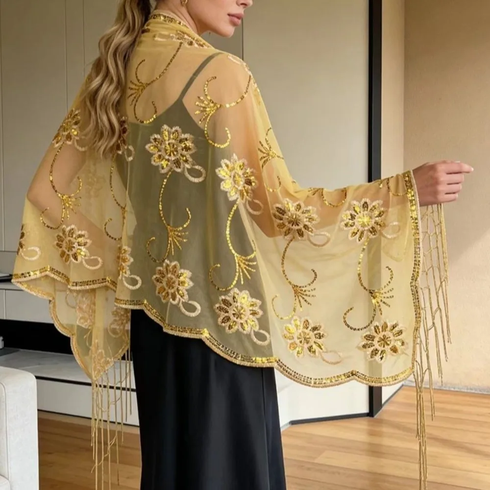 Elegant Glitter Sequins Shawls Flower Pattern Tassel Mesh Wedding Cape Embroidered Lace Long Bridal Bridesmaid Shrugs Gathering