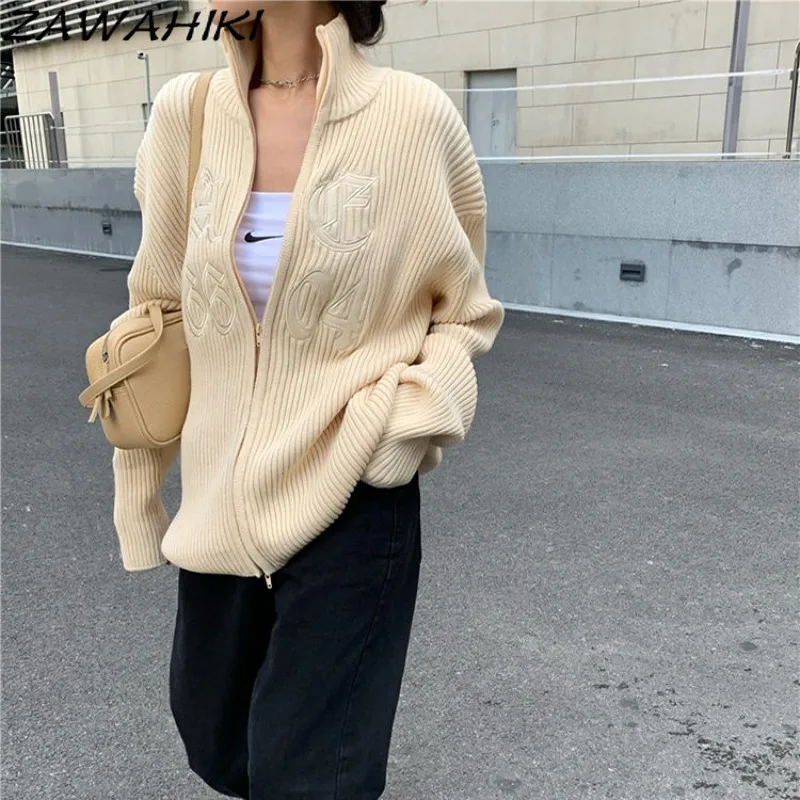 

ZAWAHIKI Cardigan Women Turtleneck Zipper Designed Spring Fall New Arrive Fashion Letter Embroidery Fashion Casual Vintage Top