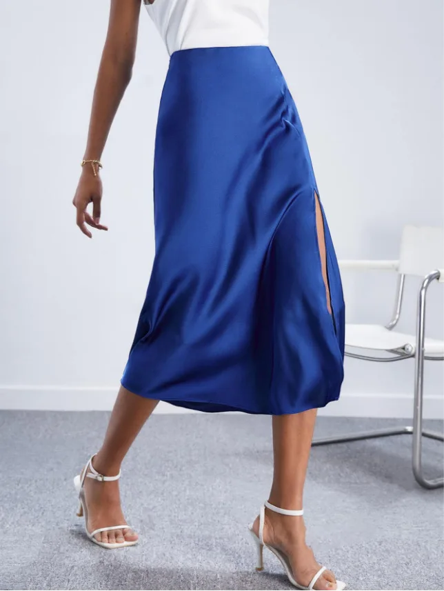 

New Spring High-Waisted Long Dresses European And American Socialite Style Side Slit Satin Skirt Women Fashion