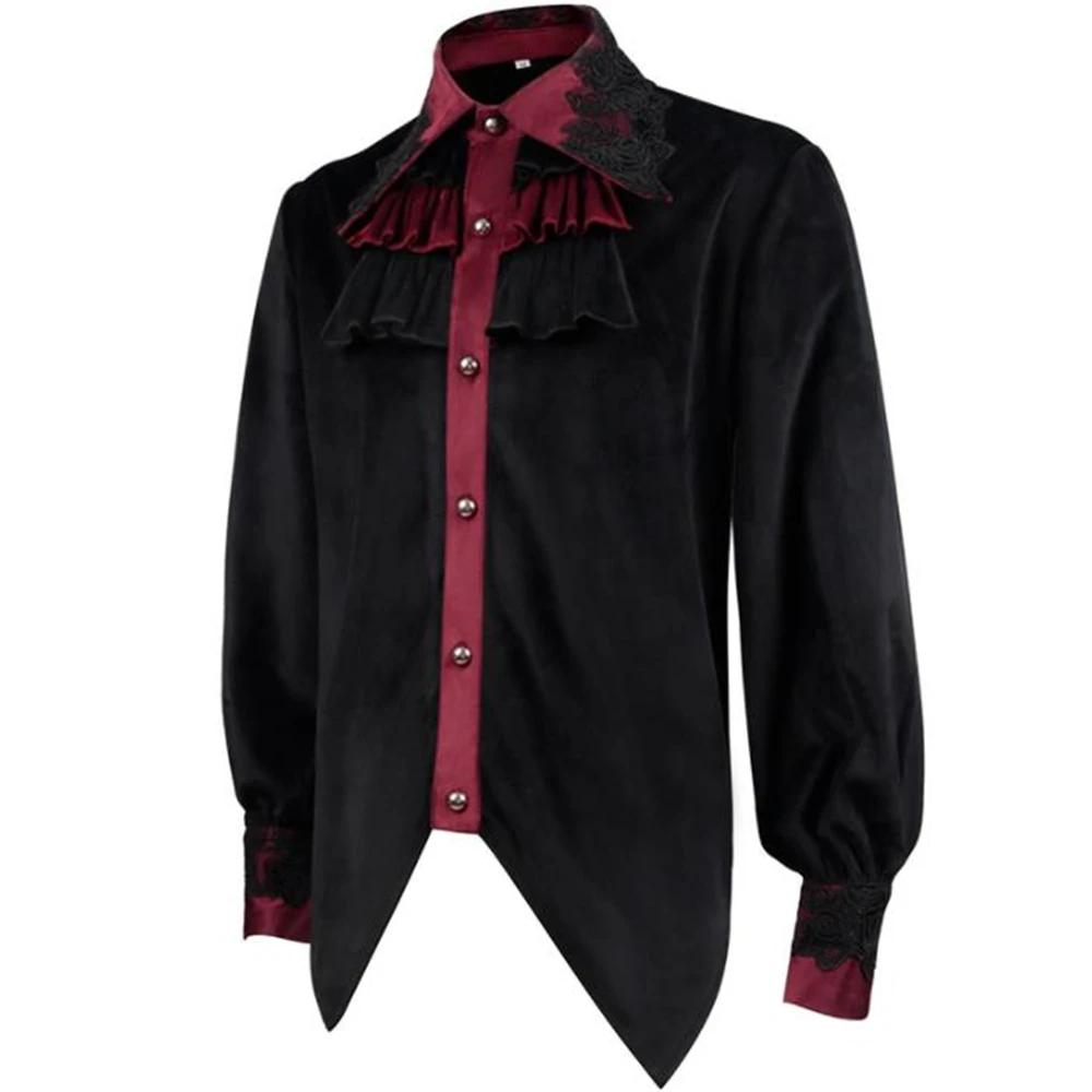 New Steampunk Men's Black Shirt Lace Trim Ruched Tailcoat Gothic Vampire Halloween Coval Long Sleeve Shirt Men Halloween Costume