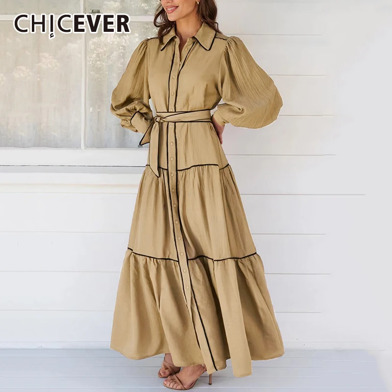 

CHICEVER Hit Color Spliced Ruffle Trim Dresses For Women Lapel Lantern Sleeves High Waist Patchwork Lace Up Casual Dress Female