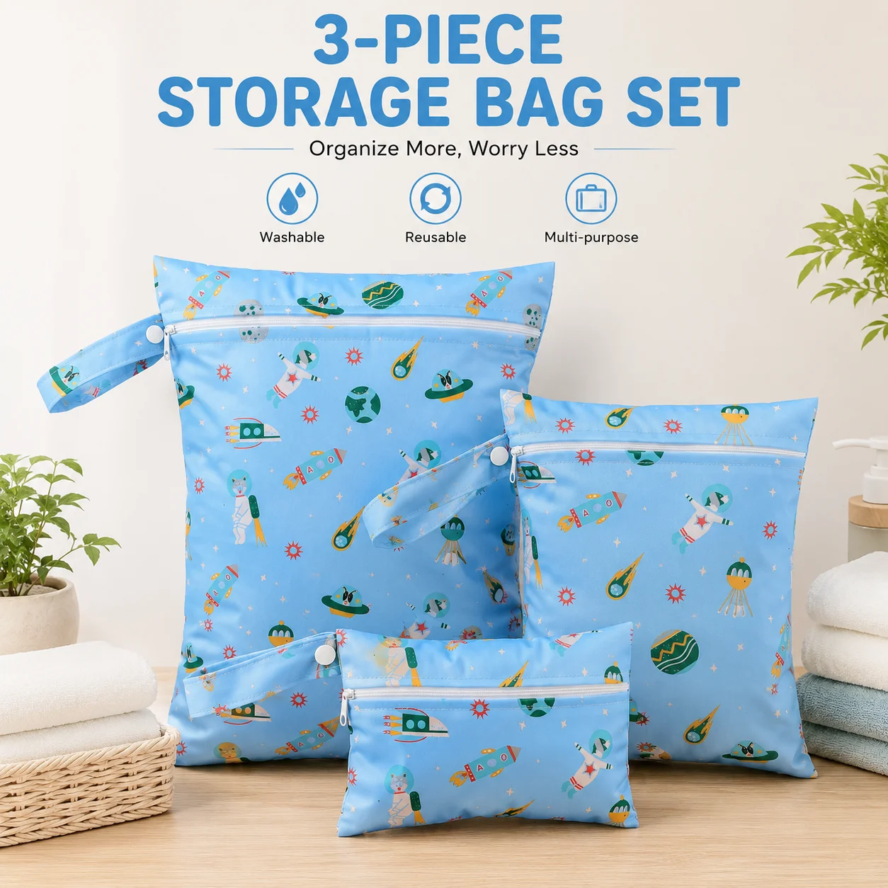 Portable 3-Size Organizer Pouch Set, 3 Pack Washable Reusable Zip Bags with Snap Handles for Travel, Bathroom & Everyday Essenti