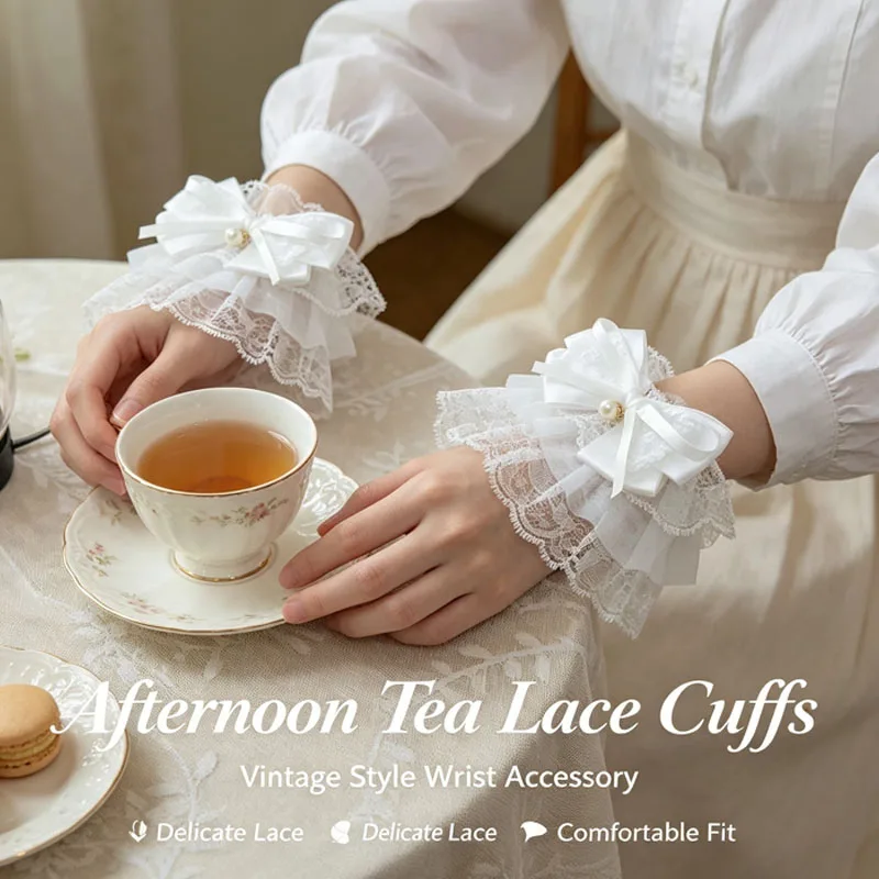 1-10Pairs Lolita Flared Wrist Cuff Pearl Lace Bow Removable Layered Sleeve Decor for Cosplay Party Costume Accessory