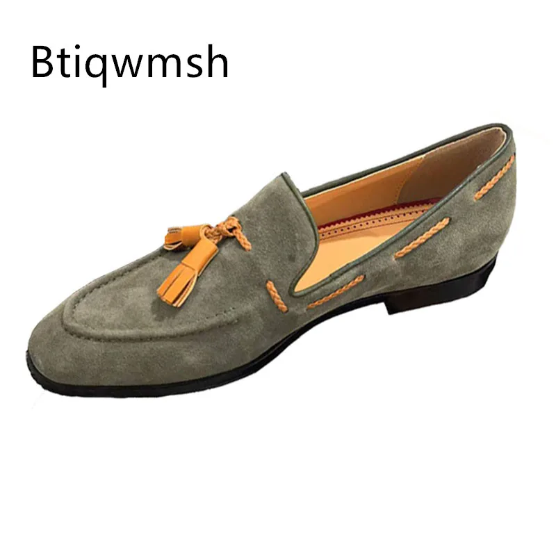Green Suede Tassel Shoes Man Pointed Toe Slip On Flats Male Fashion Loafer Shoes