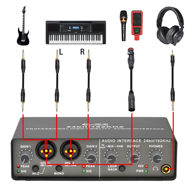 B04C-Professional 24Bit 192Khz Audio Interface 2 Input Sound Card For Electric Guitar Loopback External Studio PC Recording Dura