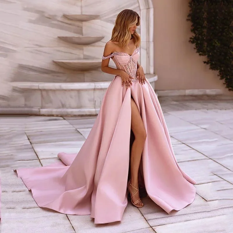 

Customized Party Dress A-Line V-Neck Floor-Length Split Evening Dresses 2025 Beadings Satin Sleeveless Prom robes de soirée