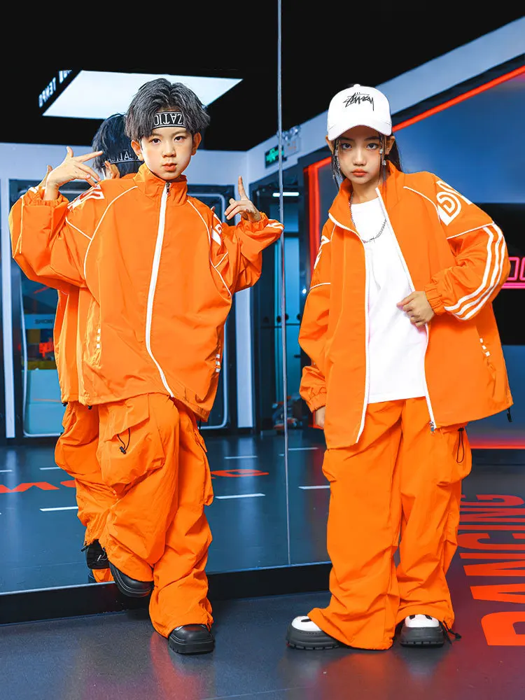 Orange Hip Hop Dance Costume Children's Set Boys Jogger Street Dance Clothing Sport Coat Pants Girls Jazz Practice Wear