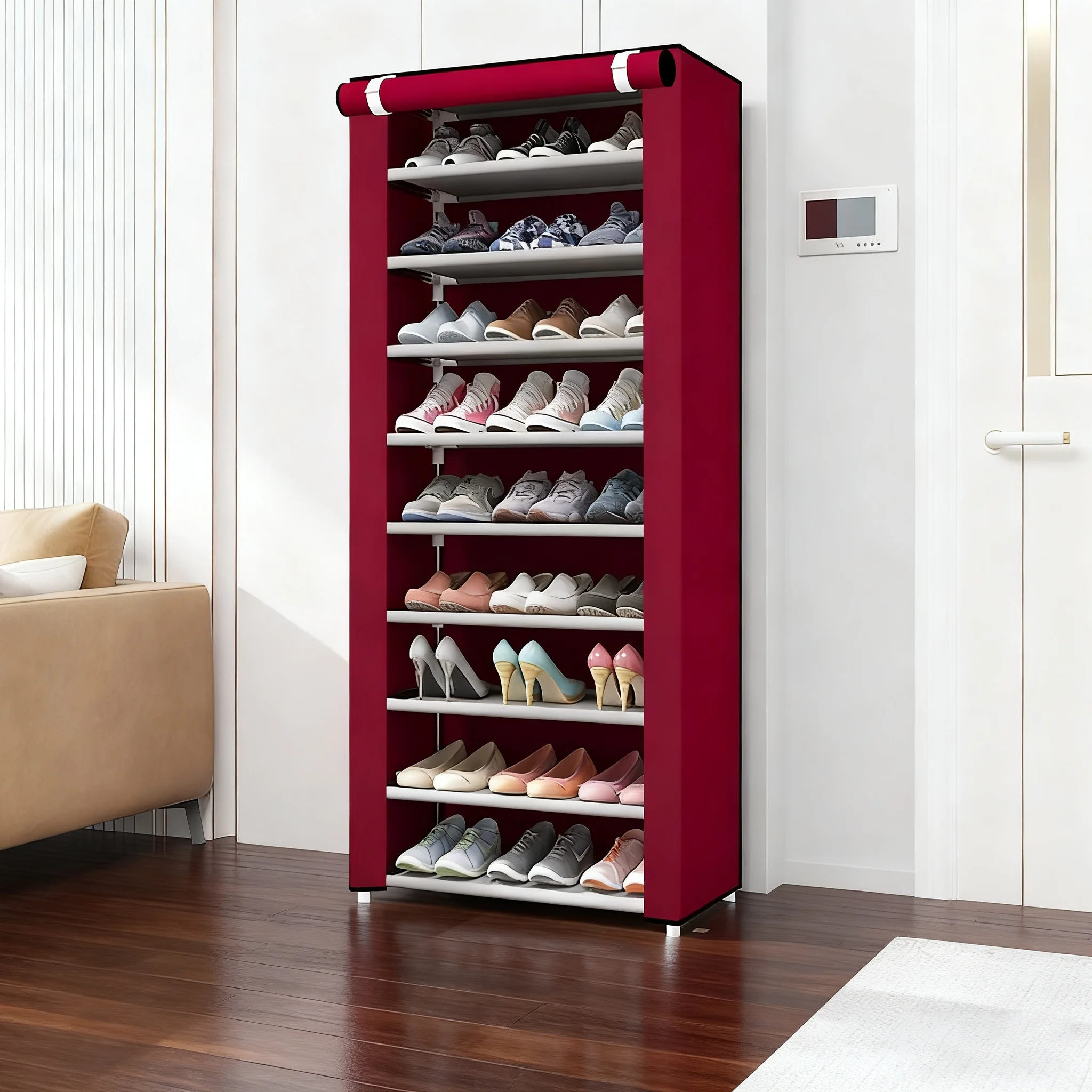 6-10 Tier Burgundy Heavy-Duty Shoe Cabinet with Lid - Easy to Assemble, Vertical Shoe Rack, Can Accommodate 18-30 Pairs of Shoes, Suitable for Dormitories, Schools, Home Storage, Shoe Storage Organize image 5