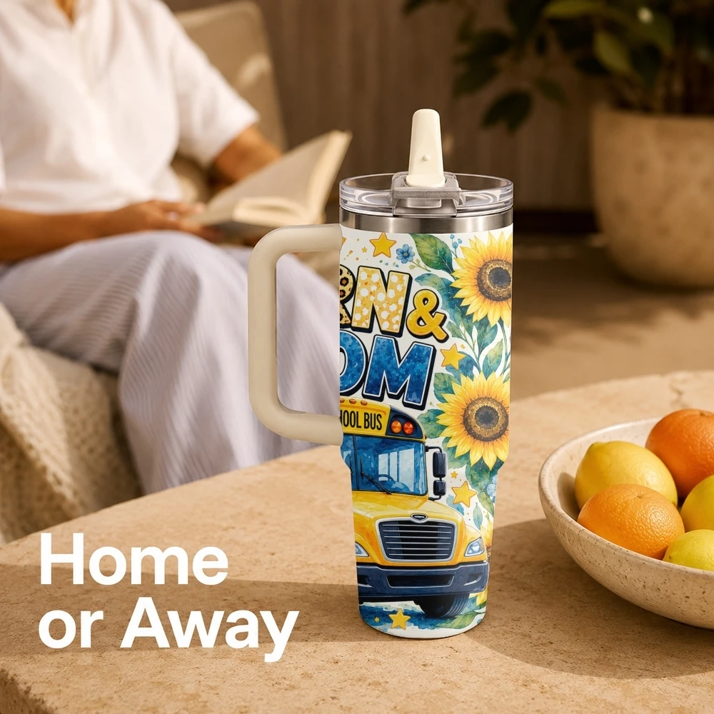 Sunshine School Bus Vacuum Flasks 40oz Stainless Steel Tumbler with Handle Straw Lid Vacuum Insulated Double Wall Leak Proof
