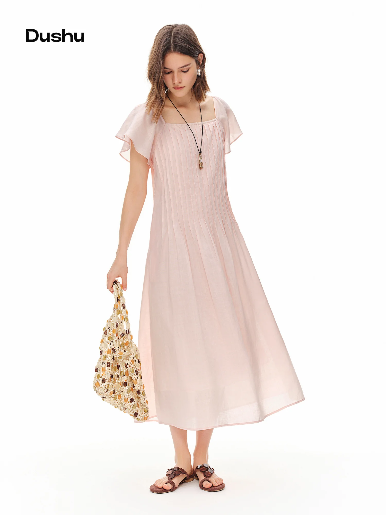 

DUSHU Women's 2026 Summer New Square Neck Lyocell Ramie Dress Fashionable Elegant Midi Dress Figure-Friendly Multi-Size Dress