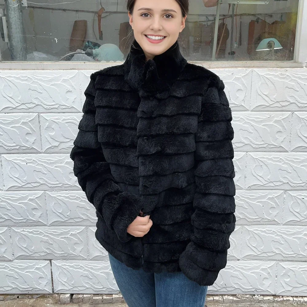 OFTBUY Rabbit Real Fur Coat Warm Real Leather Fur Solid Color Fashion Clothing Outerwear 2025 Black Cold Winter Jacket Female