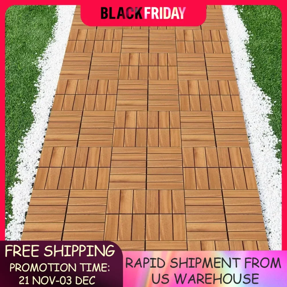 Garden floor, 108 pieces of Acacia wood, anti slip surface interlocking deck bricks, easy to buckle waterproof, garden floor