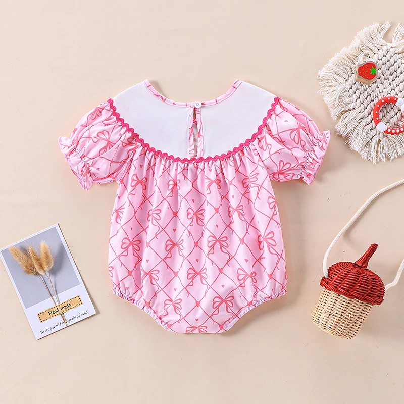 Baby Girl Summer Romper Classic Short Puff Sleeve Plaid Bow Print Loose Bodysuit Newborn Playsuit