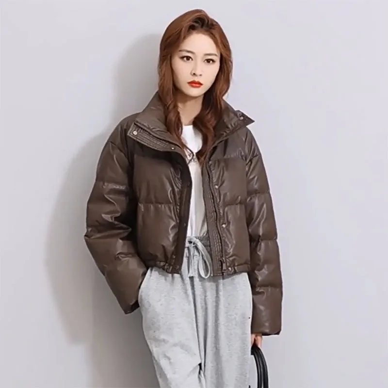 Female Fashion Drawstring Thickened Loose Short Coats Women Cotton Padded Jacket Winter Warm Stand Collar Zipper Puffer Parkas