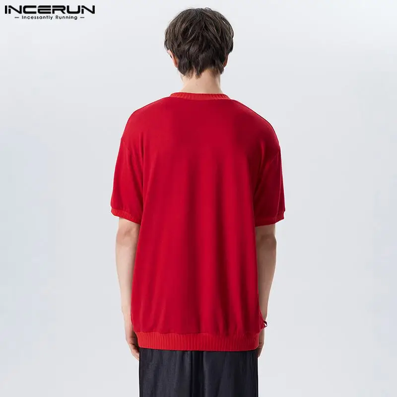 Fashion Casual Style Tops INCERUN Men Short Sleeved Knitted V-neck Printed T-Shirts Sexy Comfortable Hot Selling Hollow Camiseta